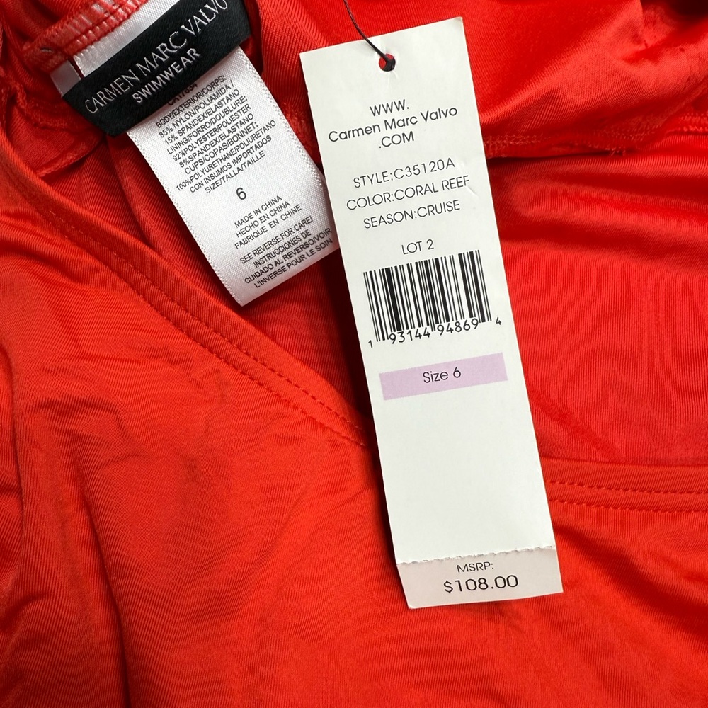 Carmen Marc Valvo One-Shoulder Red Orange Swimsuit - Size 6 - Picture 7 of 7